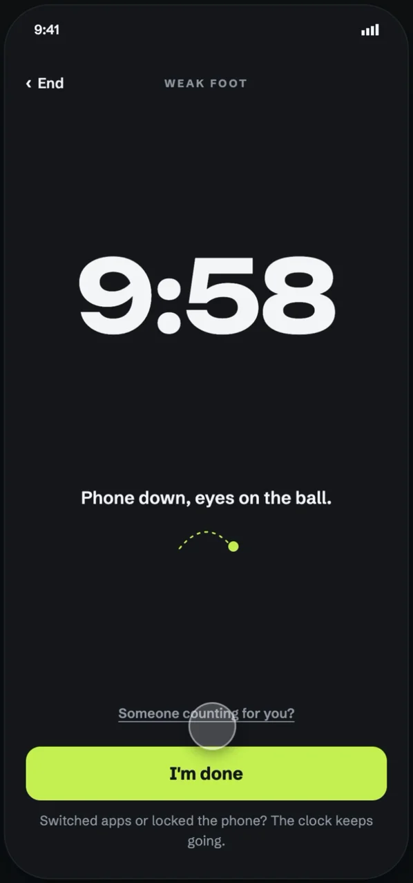 KickFirst’s practice timer on a phone, with the reminder “Phone down, eyes on the ball.”