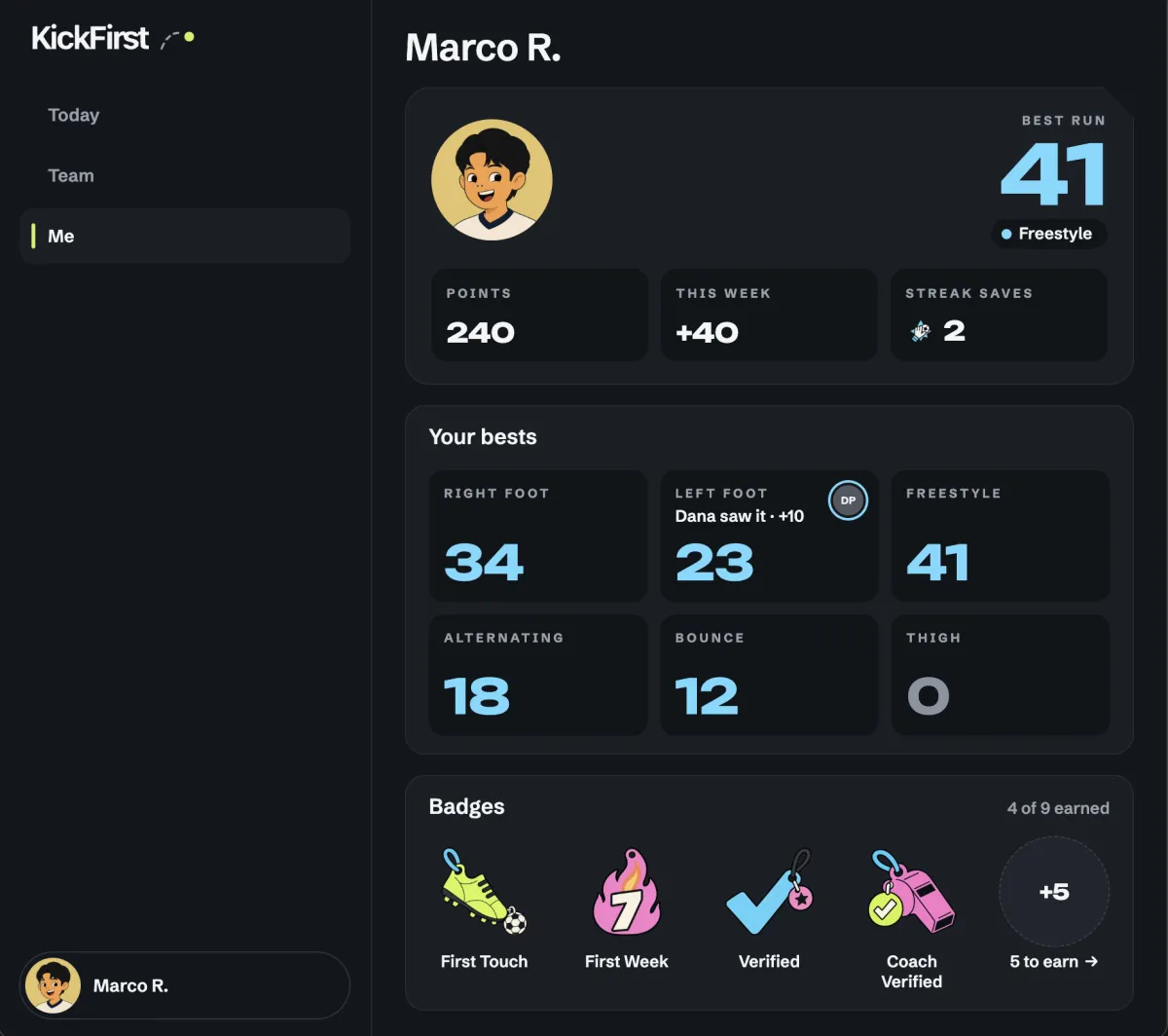 KickFirst’s web app: a player profile with practice stats and earned badges