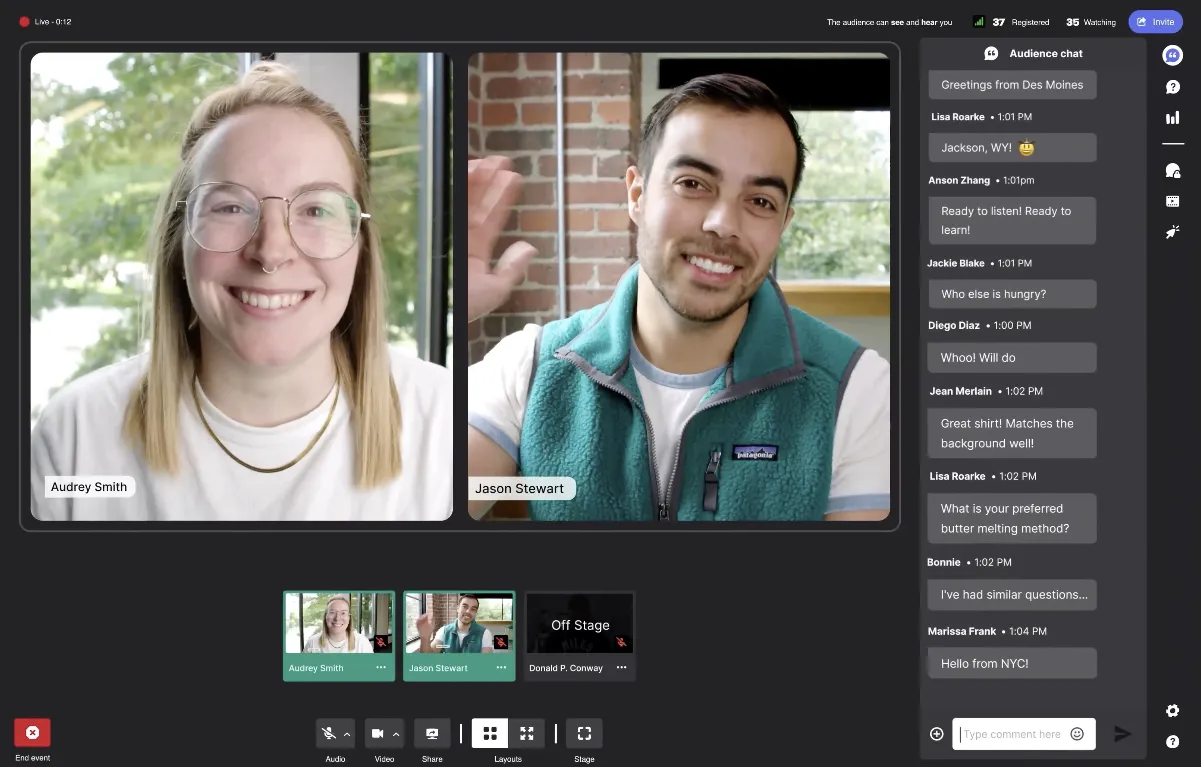 Wistia’s live event room: two speakers on stage, guests waiting off stage, audience chat and layout controls
